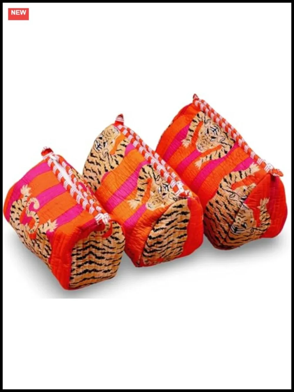 Tiger Print Cotton Cosmetic Bag Set of 3 Quilted Toiletry Travel Makeup Bags